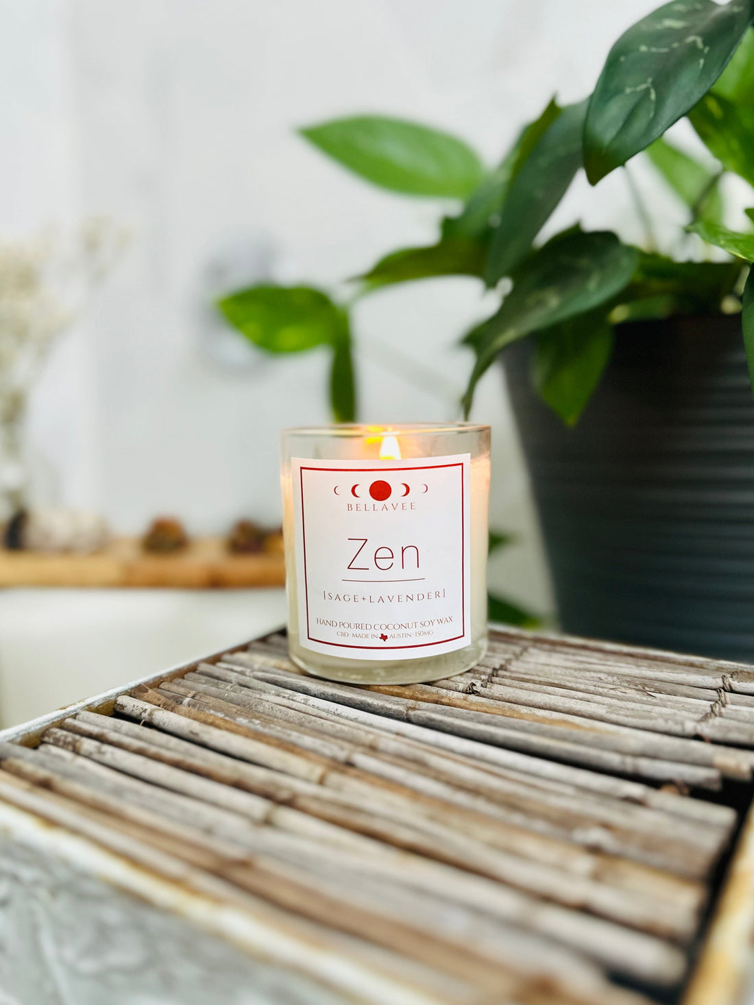 Light the Zen CBD Candle and enjoy the soothing crackle of the wooden wick as it fills your space with calming lavender and white sage