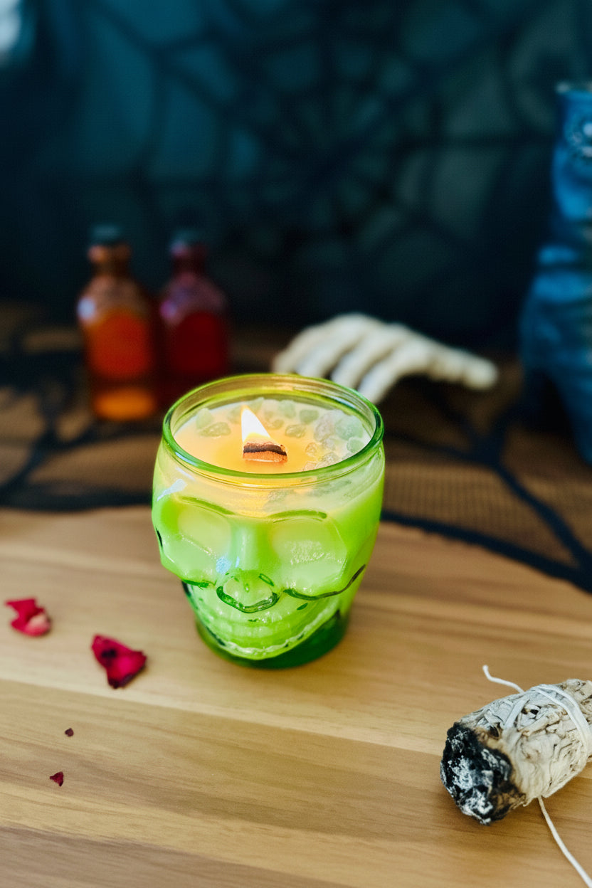BellaVee Witches Brew green skull candle lit prehnite crystal Halloween ritual candle Austin Texas
