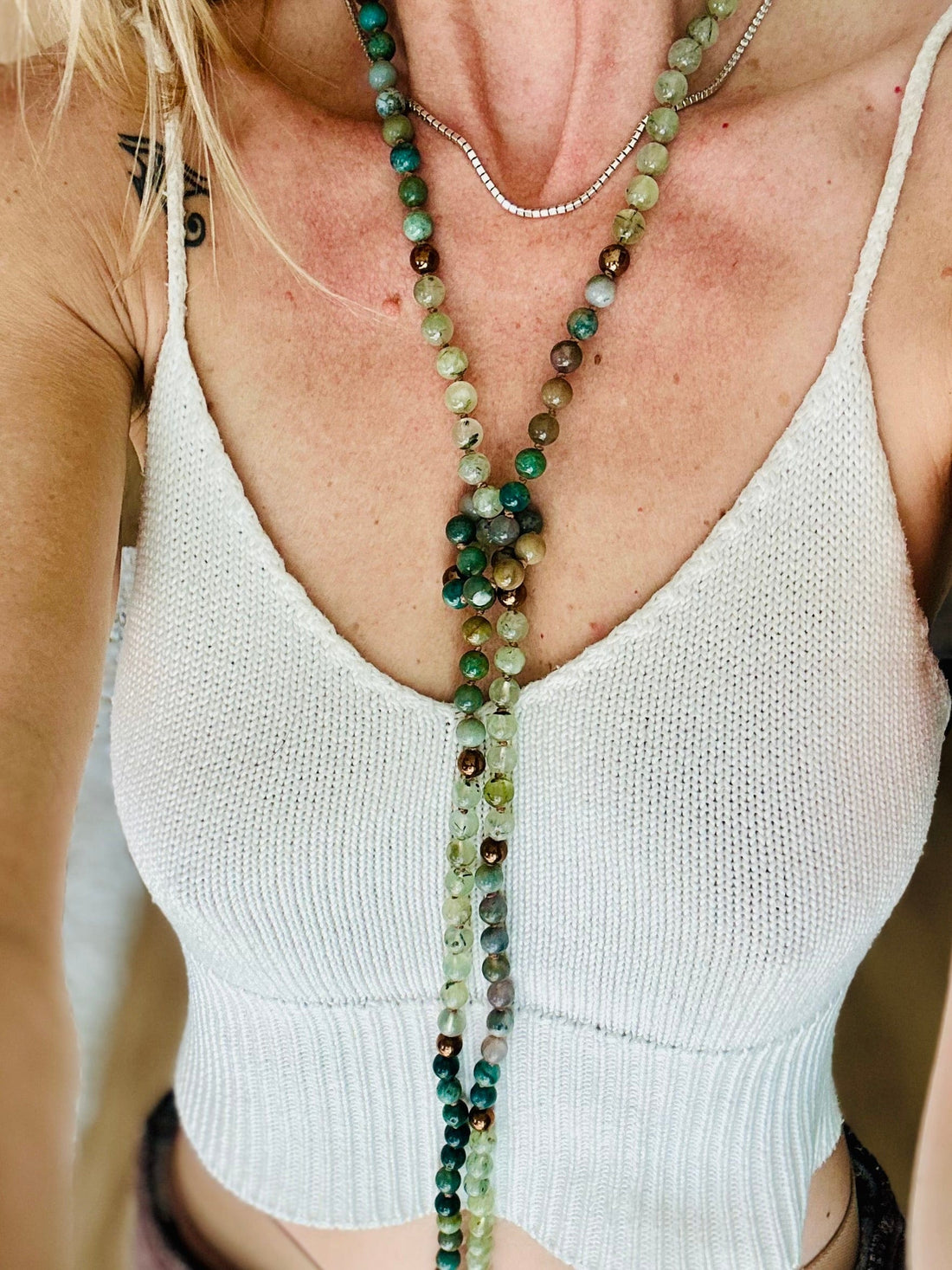 Open ended Long Crystal Beaded Necklace. Made with Hematite, Moss agate, and Prehnite. One-of a kind Mala Knotted style necklace 