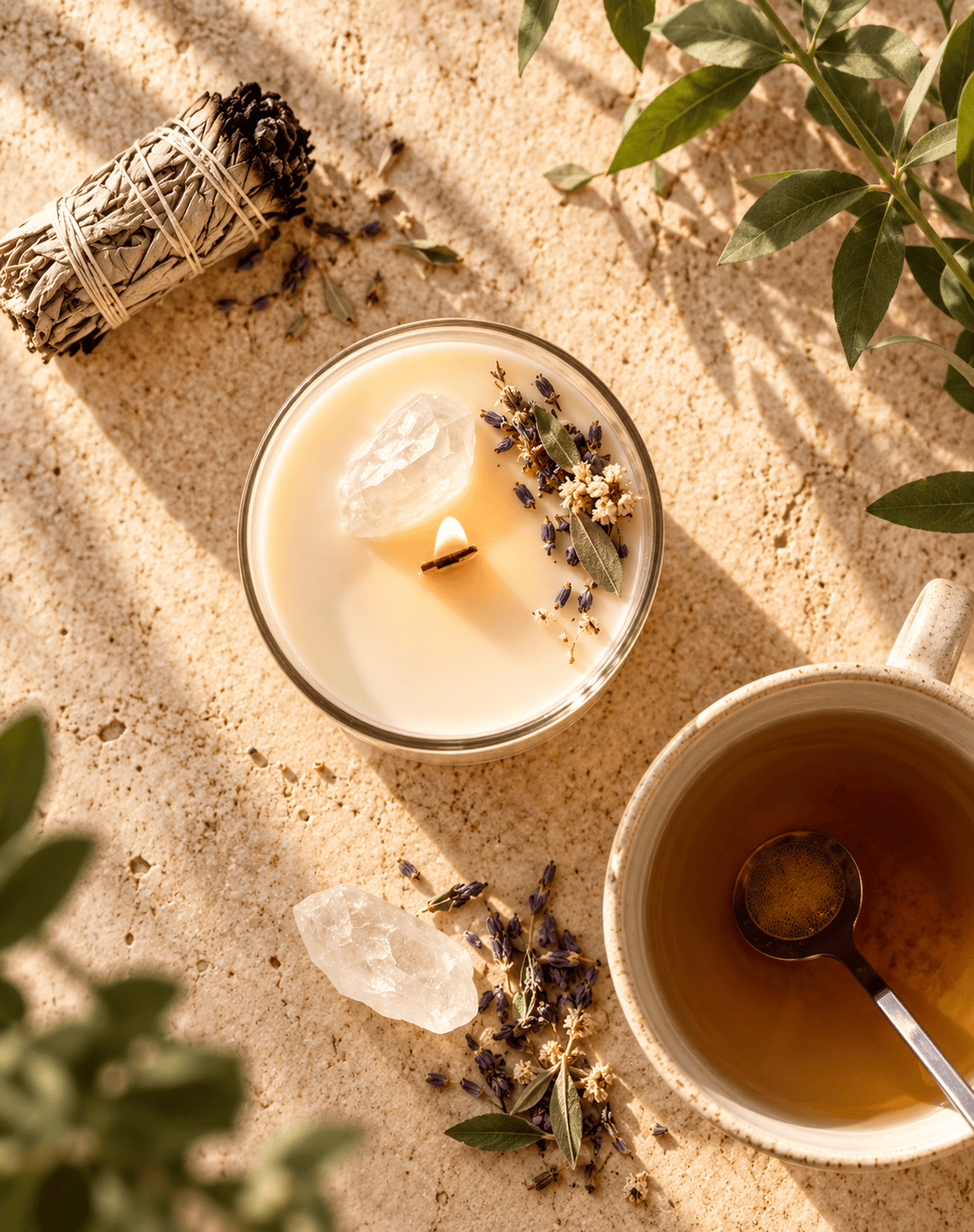 Lit CLEAR CBD crystal candle with wooden wick and Clear Quartz crystal