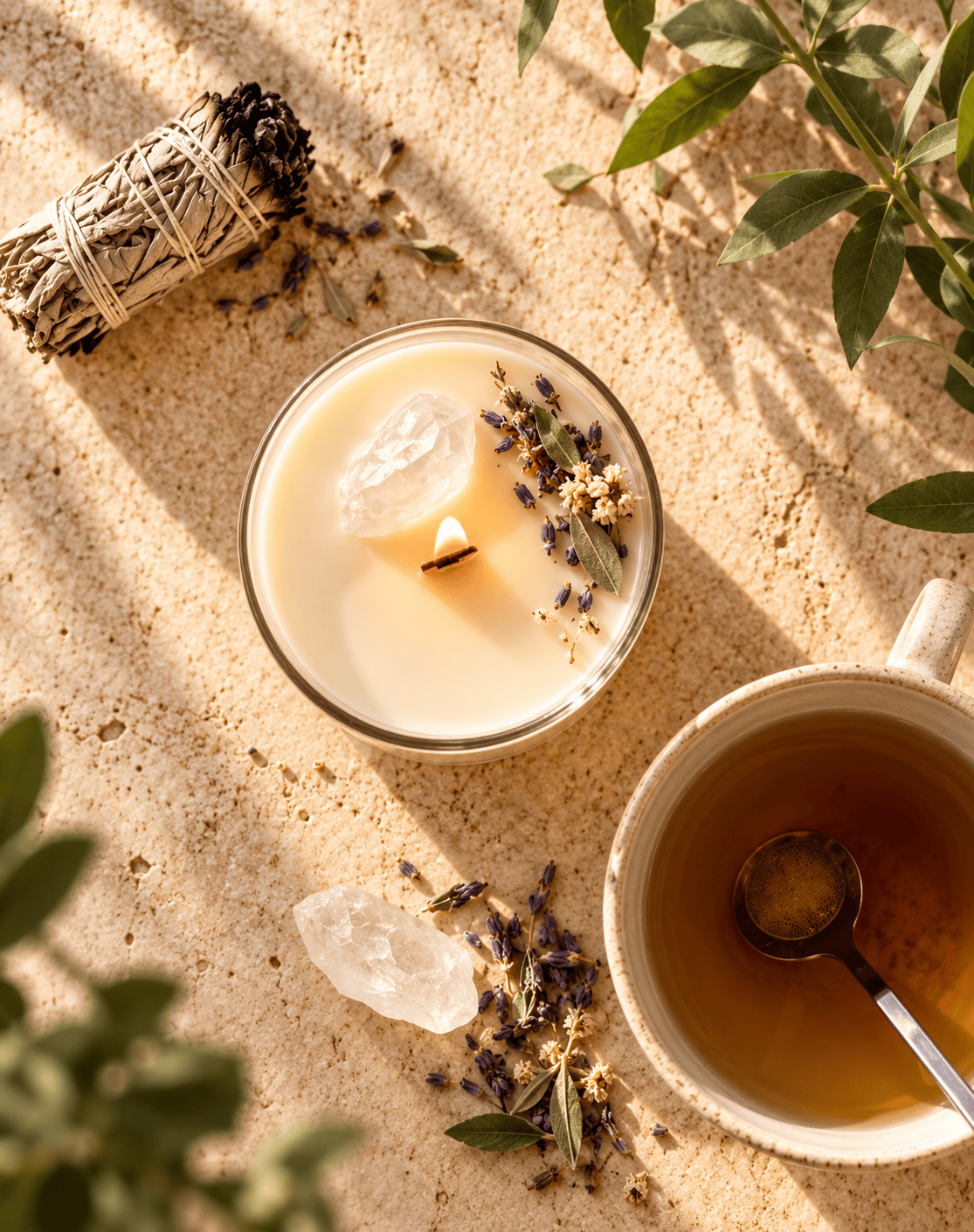 Lit CLEAR CBD crystal candle with wooden wick and Clear Quartz crystal