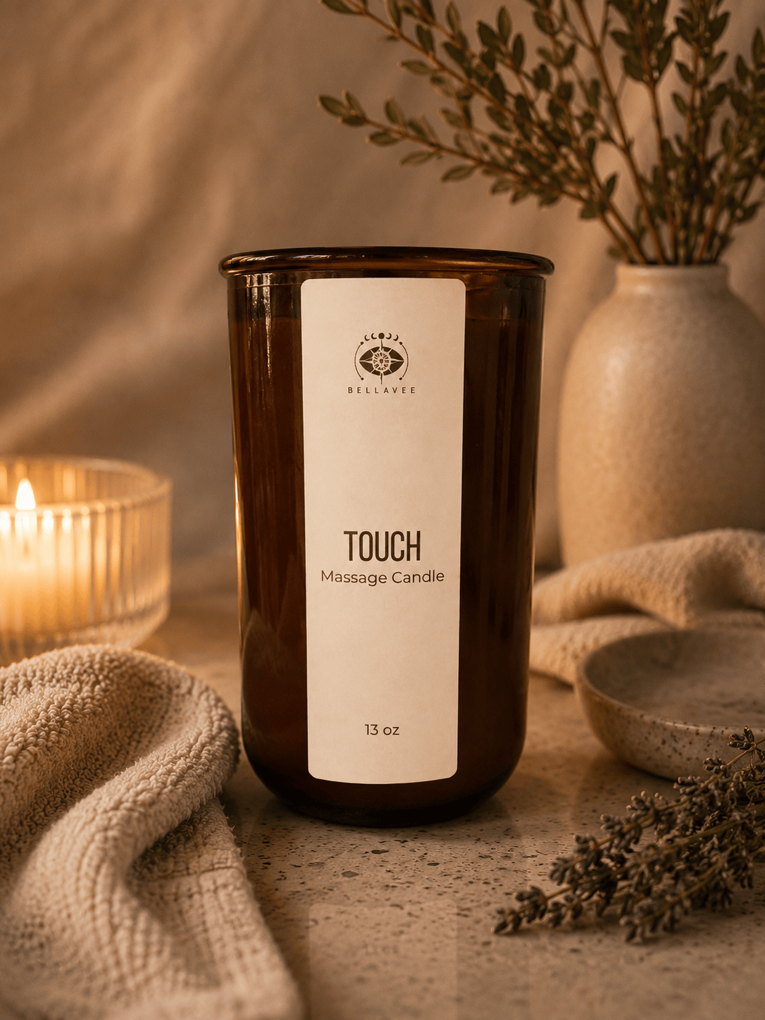 Romantic massage candle with clary sage essential oil designed for connection, relaxation, and intimacy.