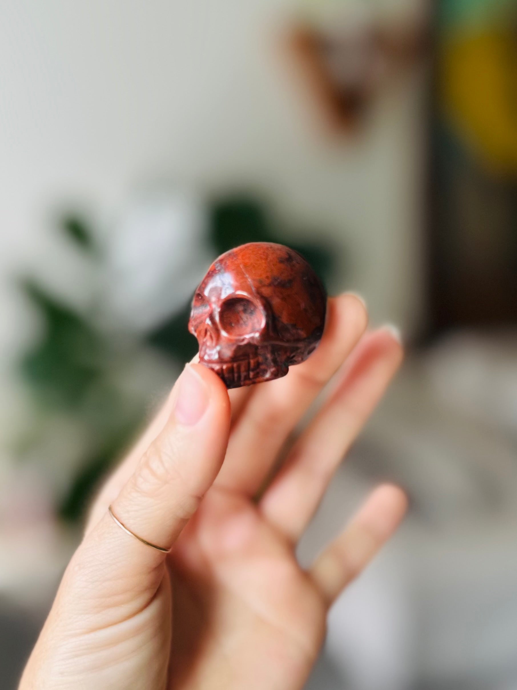 bloodstone crystal skull for courage and vitality, channels grounding energies and offers protection with green and red hues