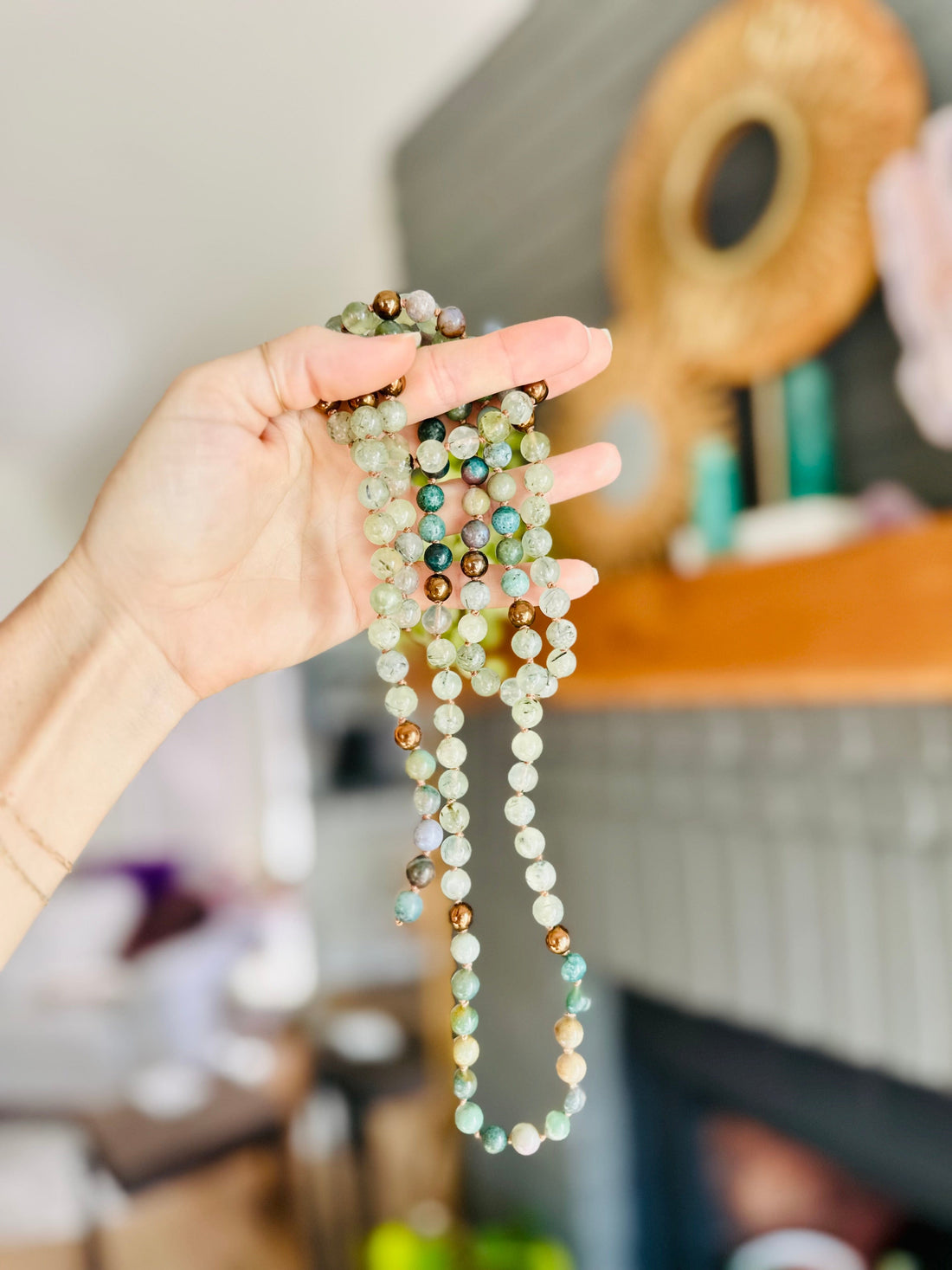 Long, Open-ended Necklace. Crystal beaded necklace made with hematite, prehnite, and moss agate to open the heart and offer stability and grounding. Mala knotted one of a kind