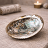 Abalone shell on a textured surface with a candle in the background