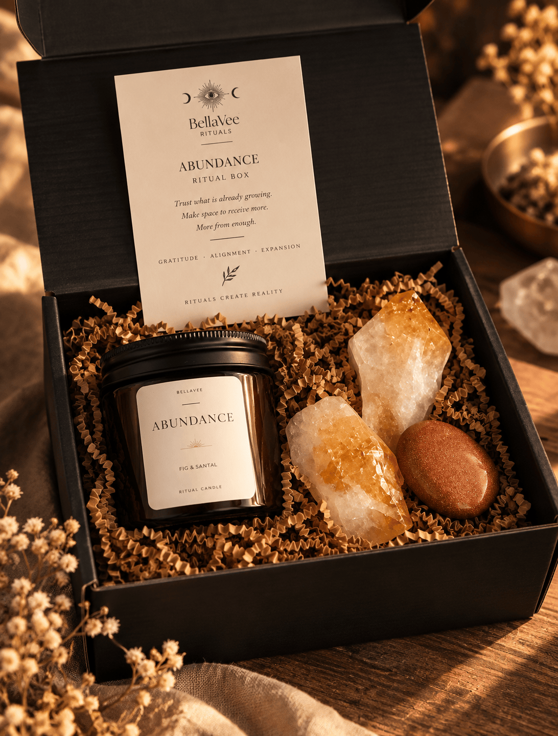 Abundance Ritual Box with crystal candle, Citrine point, raw Citrine and polished Goldstone