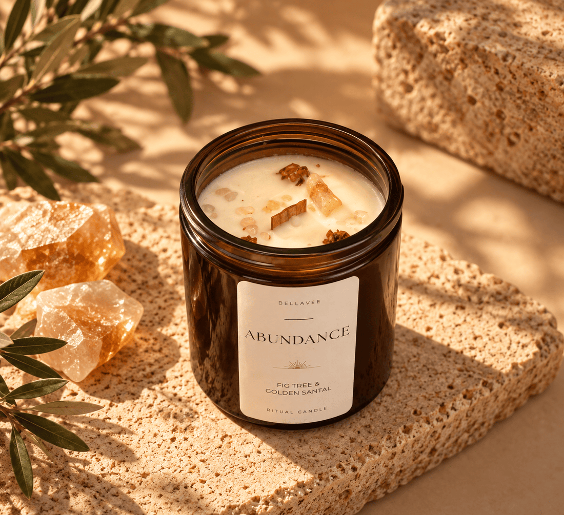 ABUNDANCE Citrine crystal candle with wooden wick and botanical details in an amber glass vessel