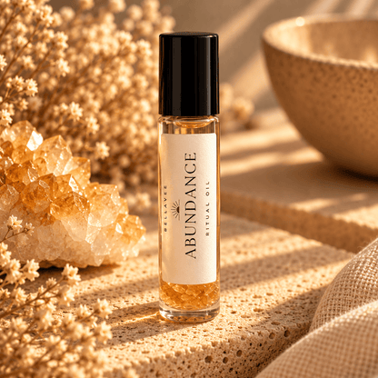 BellaVee ABUNDANCE Ritual Oil roll-on, displayed upright on natural stone with warm golden lighting and soft botanical accents.