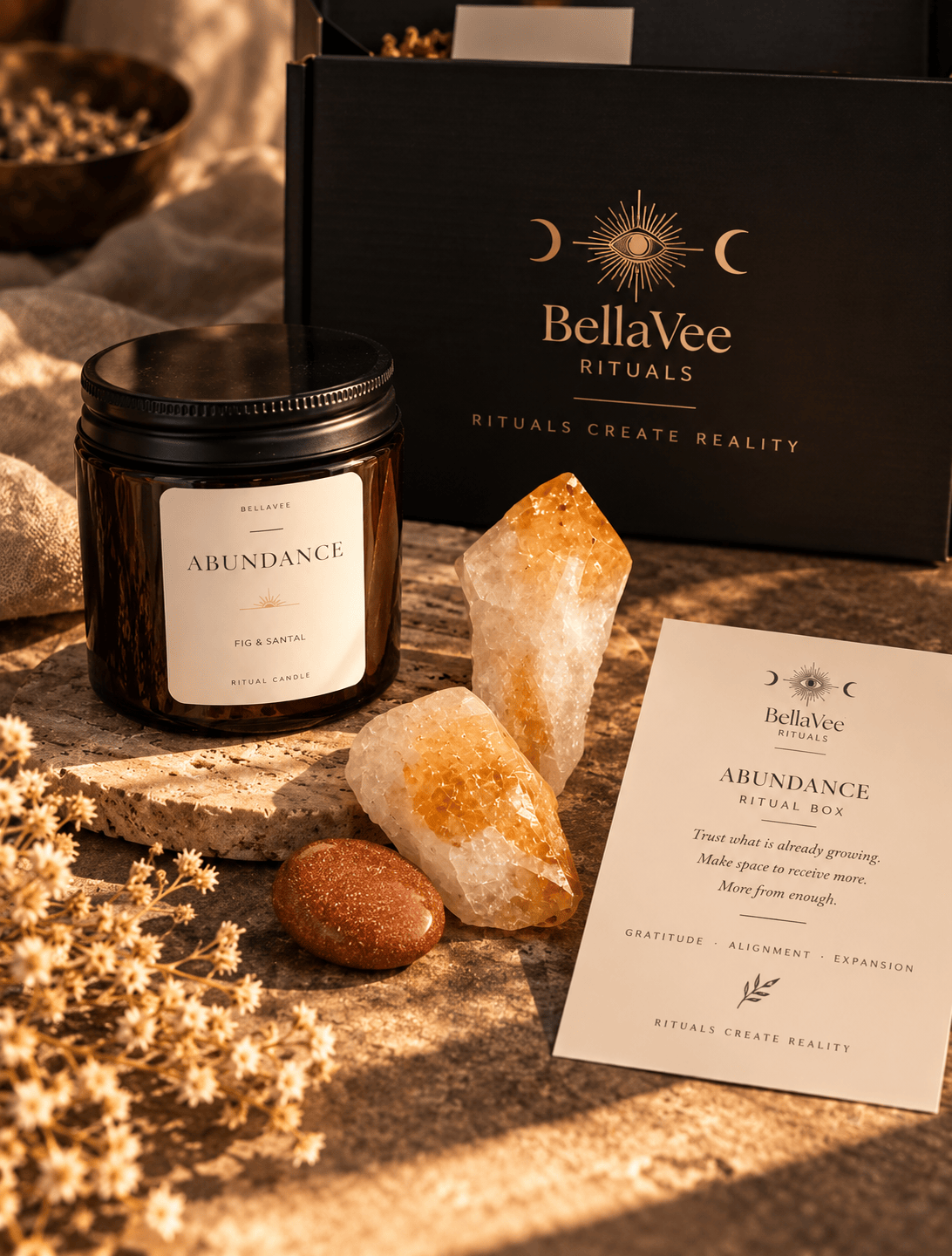 BellaVee Abundance Ritual Box with Fig &amp; Santal candle, Citrine crystals and Goldstone