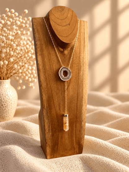 Agate slice and Citrine point long crystal drop necklace in gold