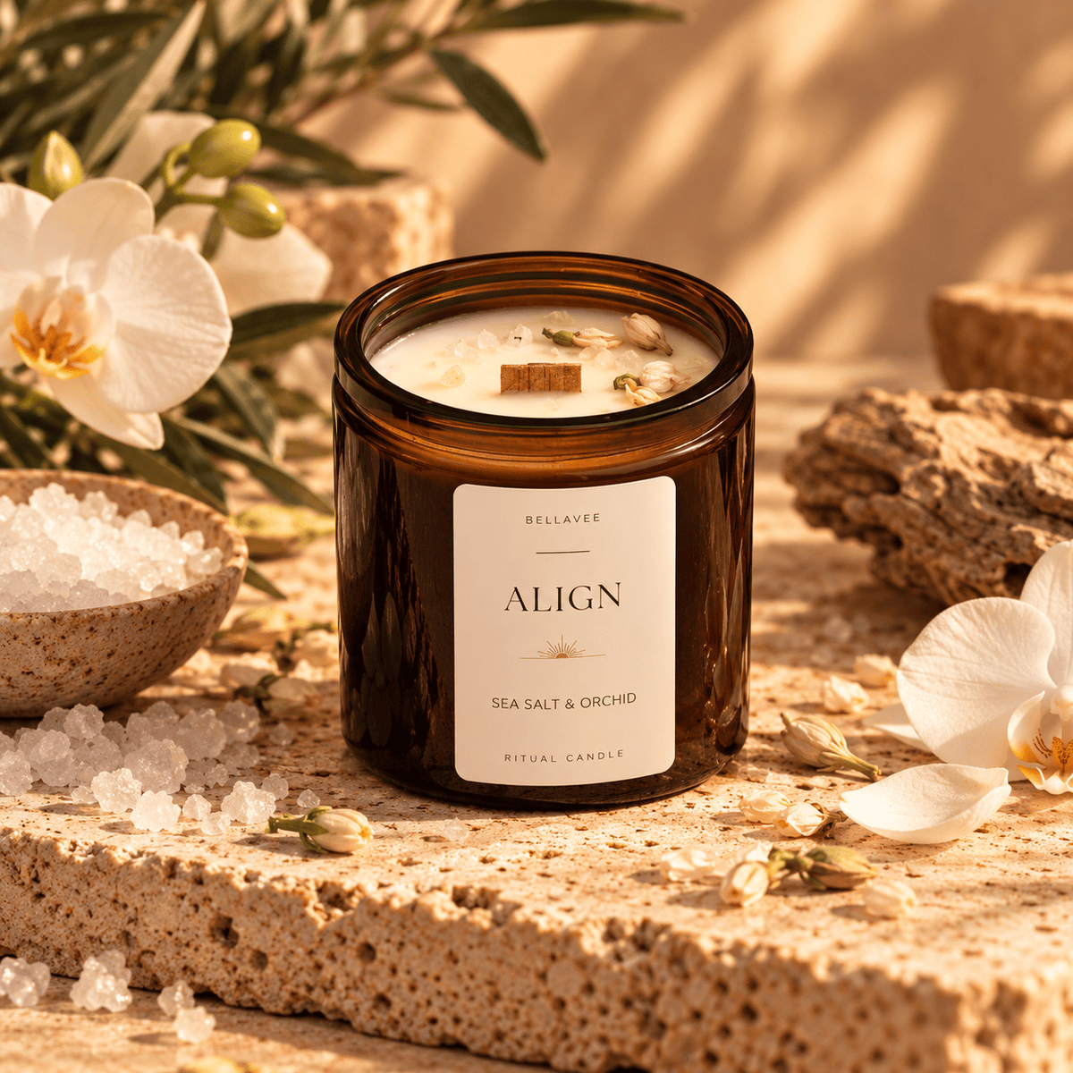 ALIGN crystal candle with Clear Quartz, wooden wick and botanicals – Sea Salt &amp; Orchid
