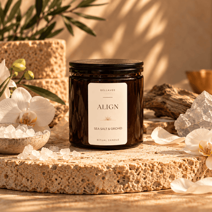 ALIGN Clear Quartz crystal ritual candle in amber glass with wooden lid – Sea Salt &amp; Orchid