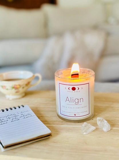 Lit Align Clear Quartz Candle with notepad, affirmations and tea