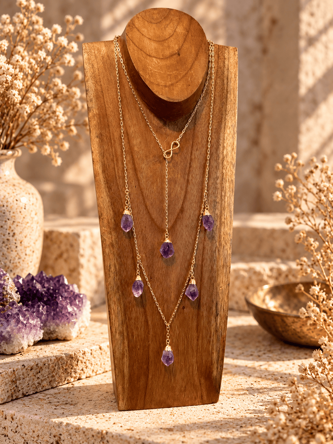Five-stone Amethyst V-drop necklace layered with gold crystal necklaces on a wooden jewelry stand