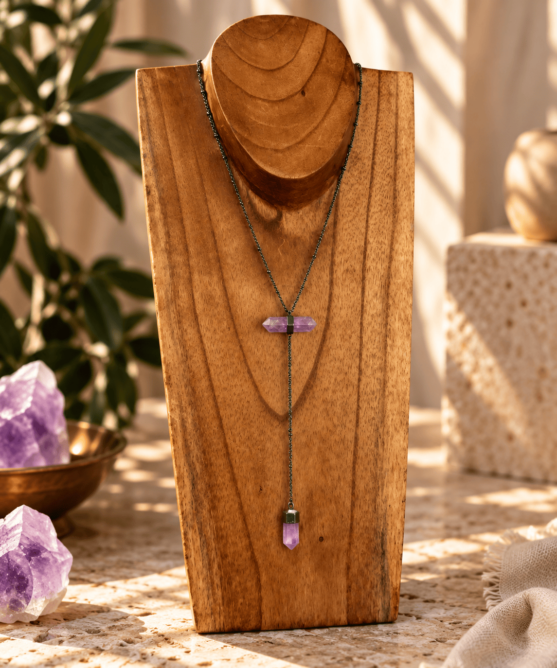 Amethyst two-stone Y-drop crystal necklace with titanium chain by BellaVee Rituals