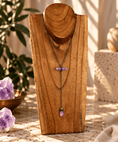 Amethyst two-stone Y-drop crystal necklace with titanium chain by BellaVee Rituals