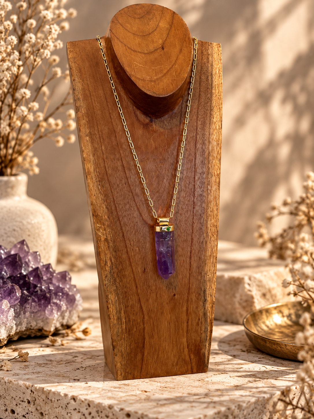 Large Amethyst crystal pendant necklace on adjustable gold open-link chain displayed on wooden jewelry stand