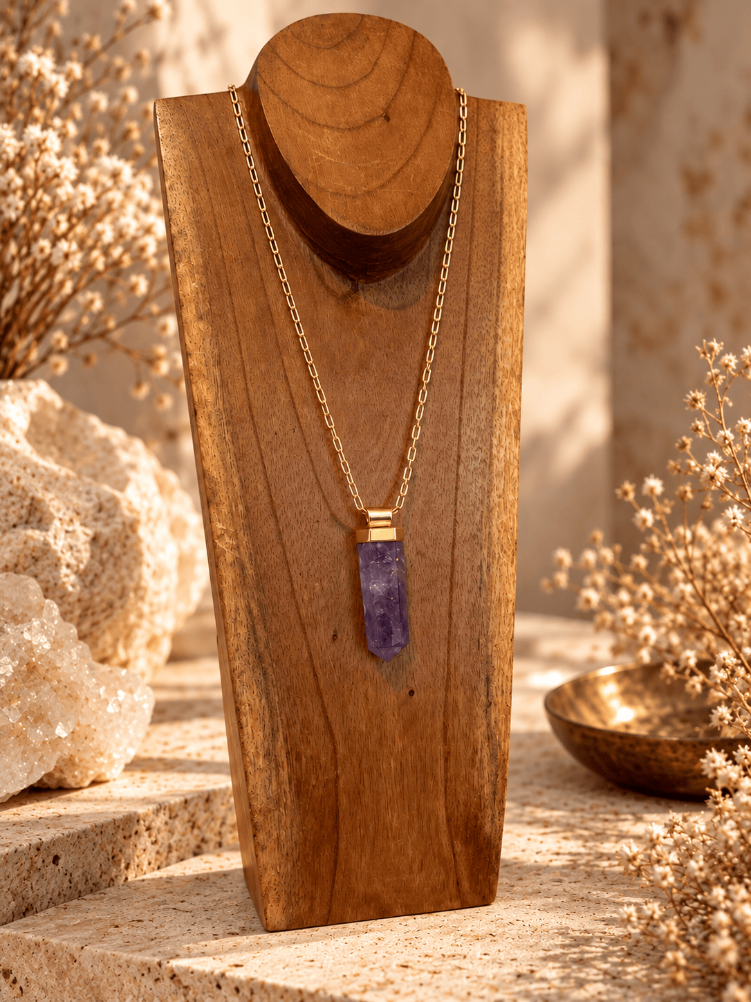 Large Amethyst crystal pendant necklace on adjustable gold open-link chain displayed on wooden jewelry stand