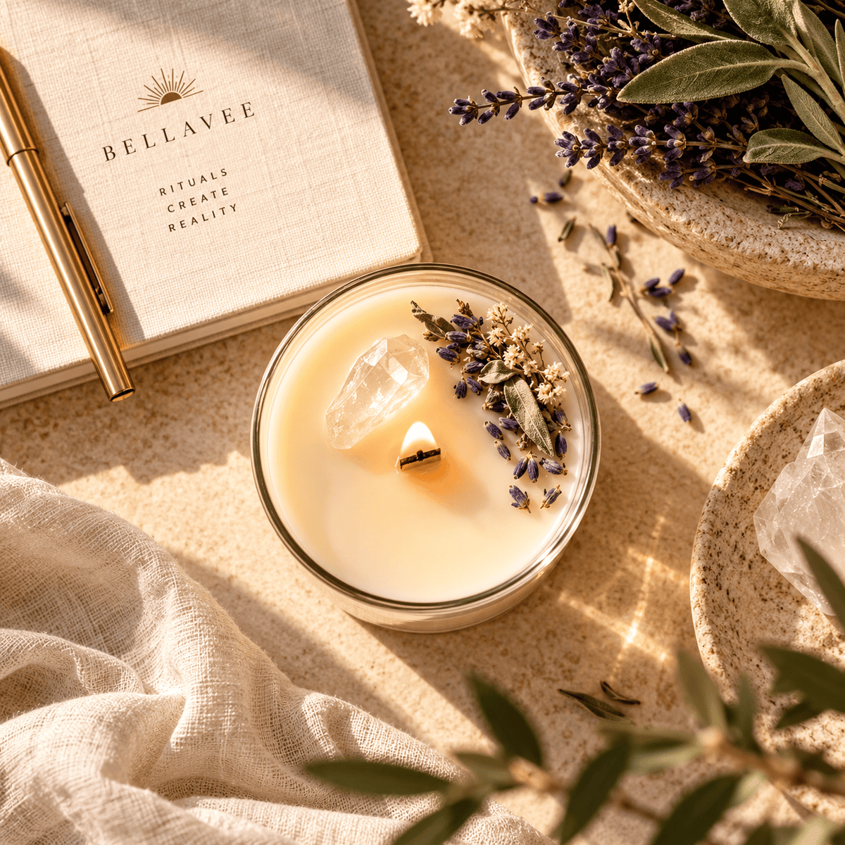 Top-down view of BellaVee ZEN White Sage and Lavender ritual candle with Clear Quartz, wooden wick and botanical accents.