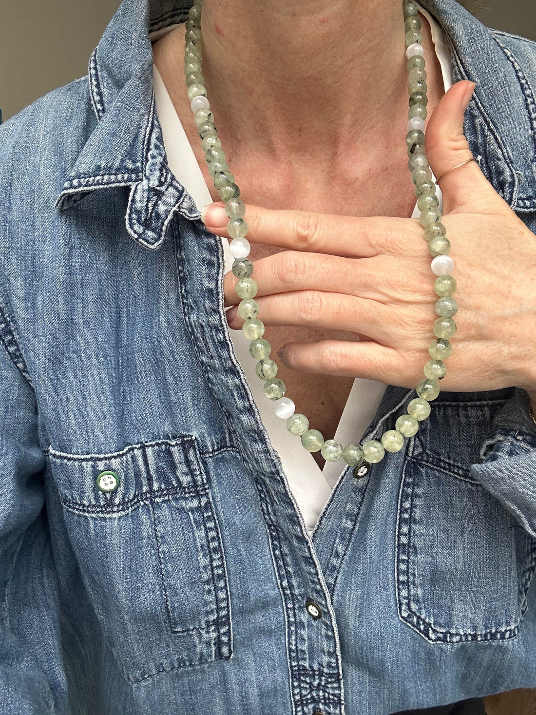 Prehnite &amp; Selenite 25” Crystal Necklace (one-of-a-kind)