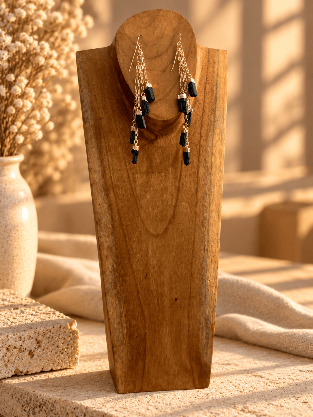 Five-stone Black Tourmaline crystal drop earrings with cascading gold chains