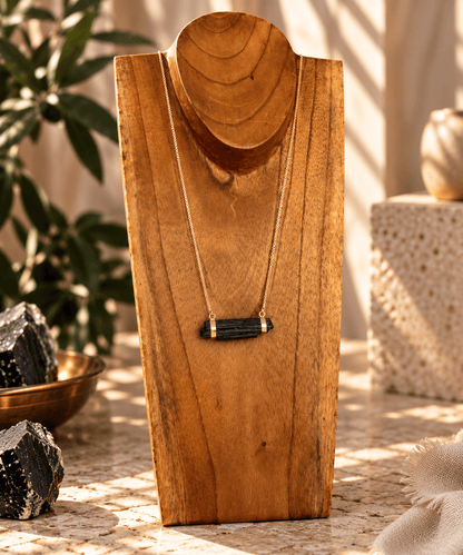 Raw Black Tourmaline bar necklace on long gold chain by BellaVee Rituals