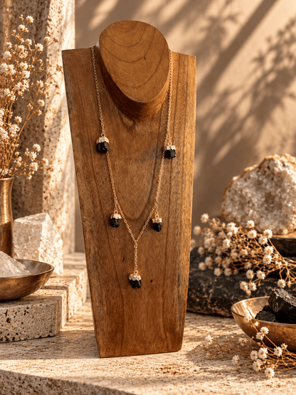 Five-stone Black Tourmaline V-drop necklace with adjustable gold chain