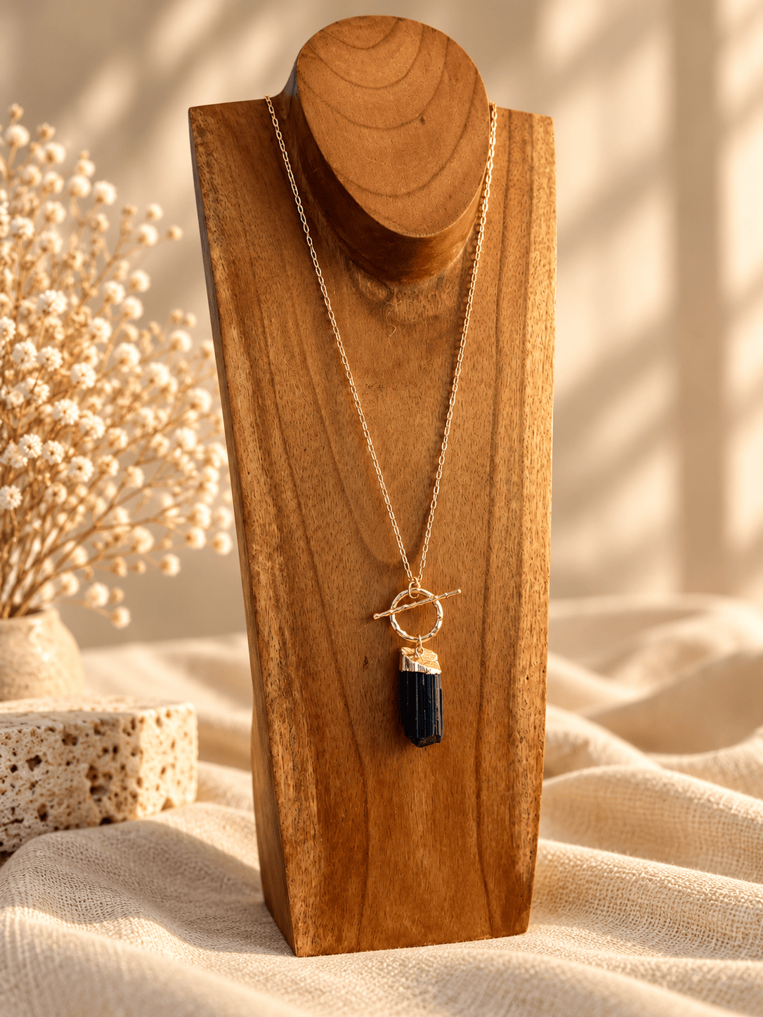 Black Tourmaline convertible T-bar necklace with raw crystal pendant and gold chain