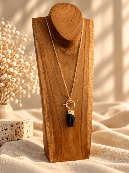 Black Tourmaline convertible T-bar necklace with raw crystal pendant and gold chain