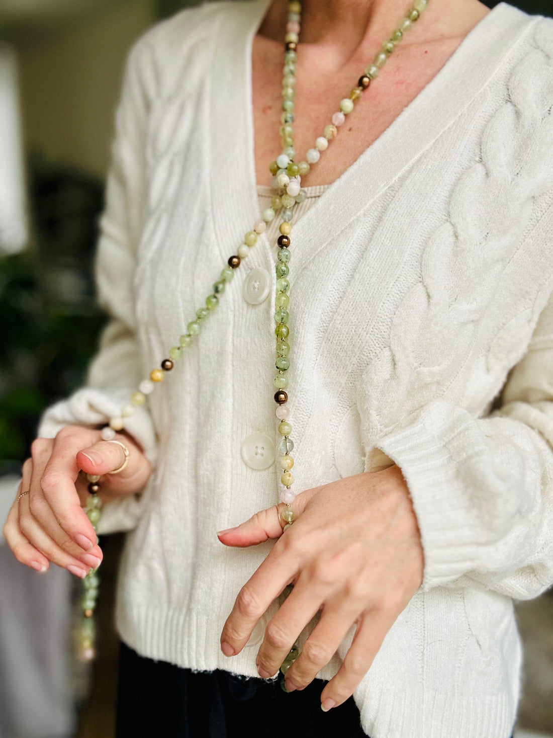 Crystal Beaded Necklace Hematite, Morganite and Prehnite. Long, Open-ended necklace. One of a kind