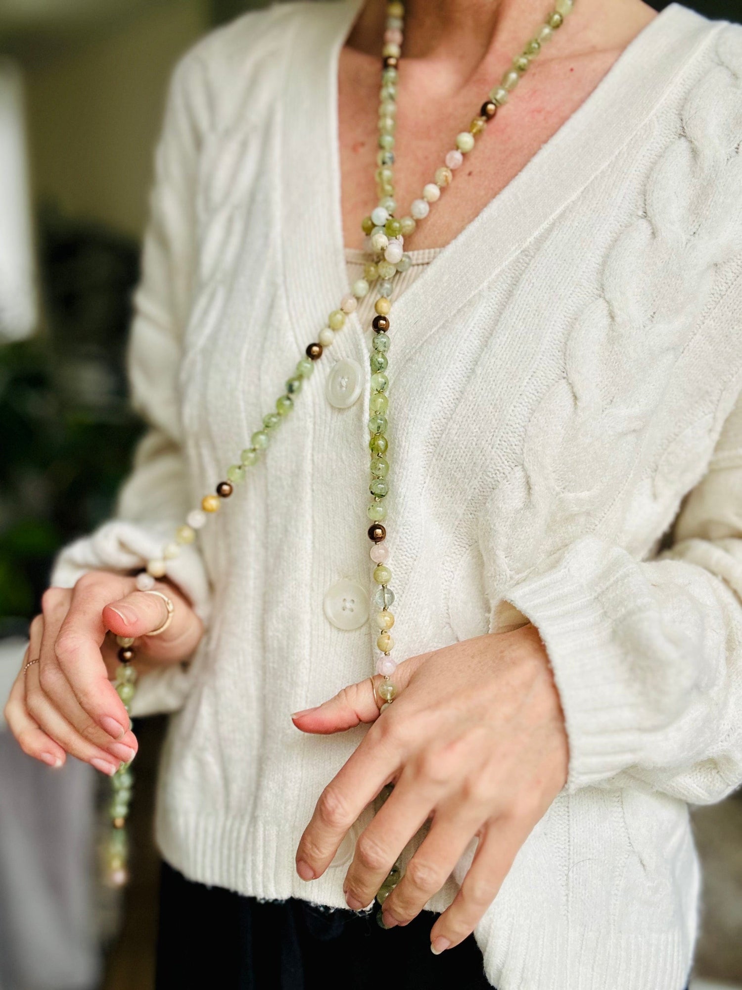Crystal Beaded Necklace Hematite, Morganite and Prehnite. Long, Open-ended necklace. One of a kind