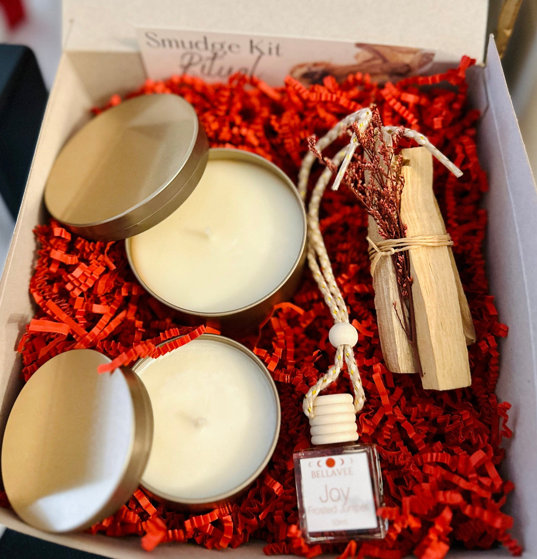 Palo Santo Bundle with Holiday car diffuser, vanilla coffee and frosted juniper holiday tins. One large and one small.