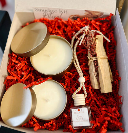 Palo Santo Bundle with Holiday car diffuser, vanilla coffee and frosted juniper holiday tins. One large and one small.