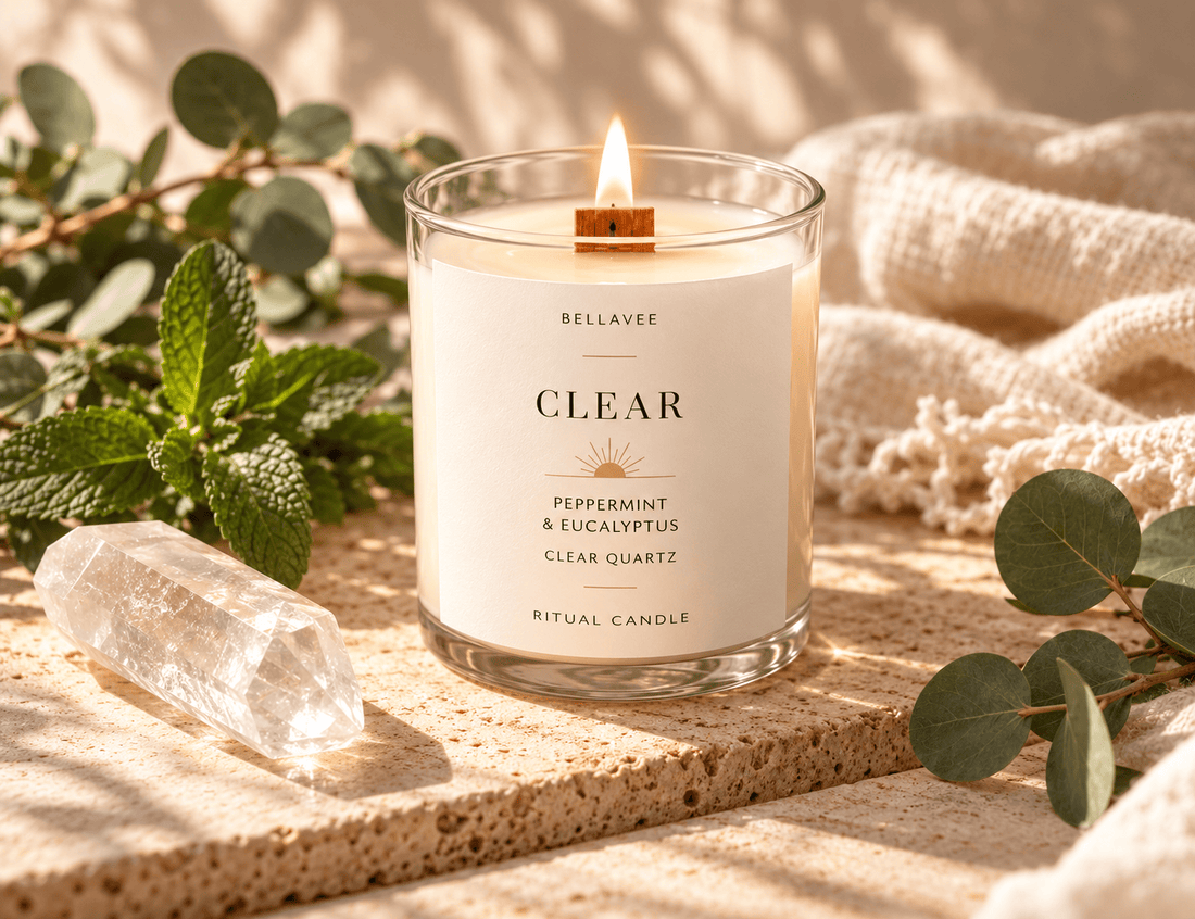 CLEAR CBD crystal candle with Clear Quartz, Peppermint and Eucalyptus by BellaVee Rituals