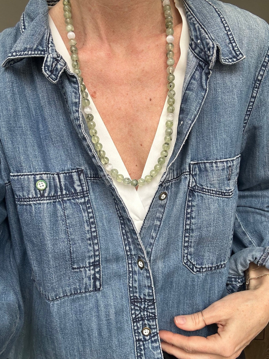 Prehnite &amp; Selenite 25” Crystal Necklace (one-of-a-kind)