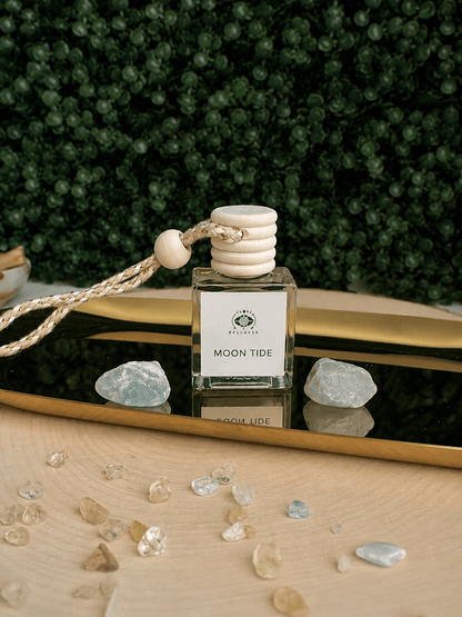 BellaVee Moon Tide crystal car diffuser infused with moonstone and a blend of ocean air, nag champa, and coconut. Handcrafted non-toxic car air freshener for relaxation, mindful driving, and intentional living.