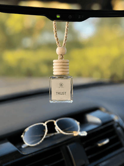 White Oak and Vanilla non-toxic car diffuser by BellaVee, hanging from rearview mirror