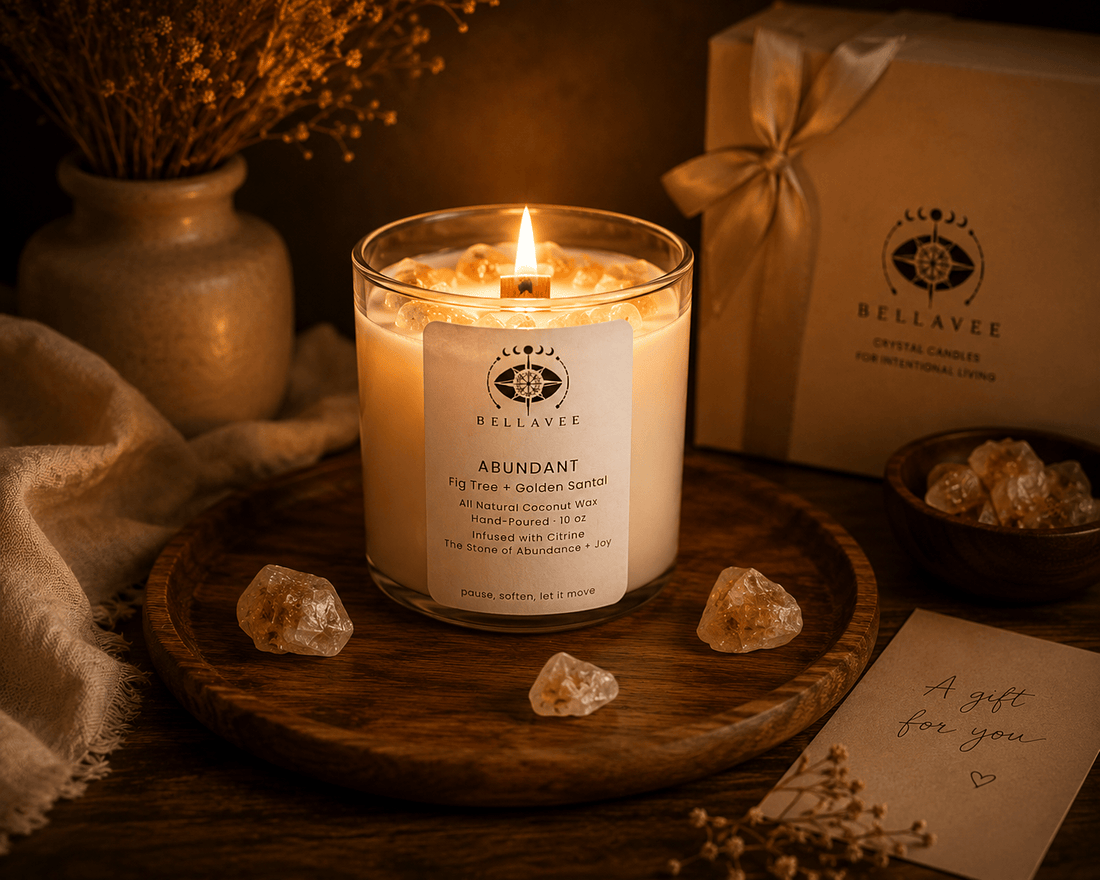 BellaVee Abundant crystal candle lit citrine stone of abundance fig tree golden santal non-toxic coconut wax Austin Texas