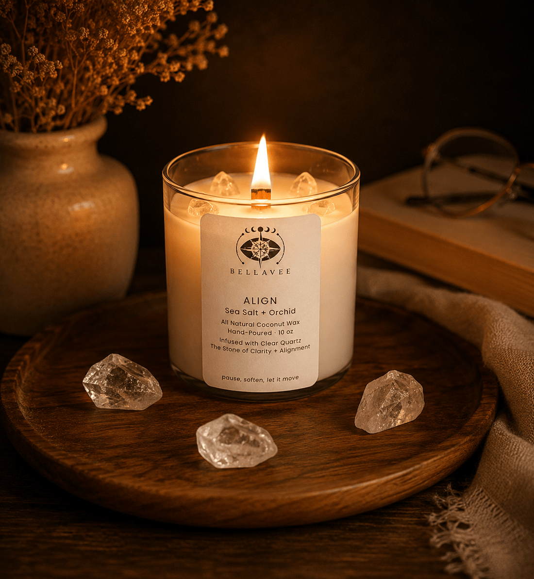 BellaVee Align crystal candle lit clear quartz stone of clarity sea salt orchid non-toxic coconut wax Austin Texas