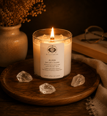 BellaVee Align crystal candle lit clear quartz stone of clarity sea salt orchid non-toxic coconut wax Austin Texas