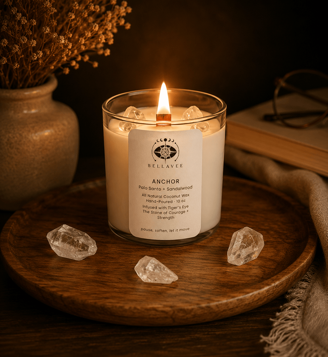 BellaVee Anchor crystal candle lit tigers eye stone of courage palo santo sandalwood non-toxic coconut wax Austin Texas