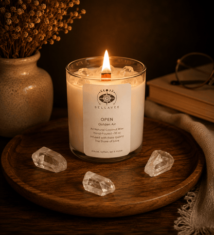 BellaVee Open crystal candle lit rose quartz stone of love white tea palo santo non-toxic coconut wax Austin Texas