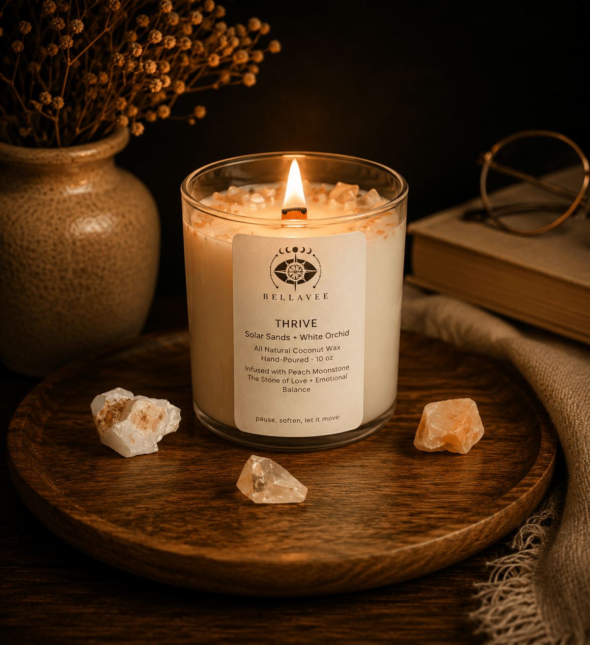 BellaVee Thrive crystal candle lit peach moonstone stone of joy solar sands non-toxic coconut wax Austin Texas