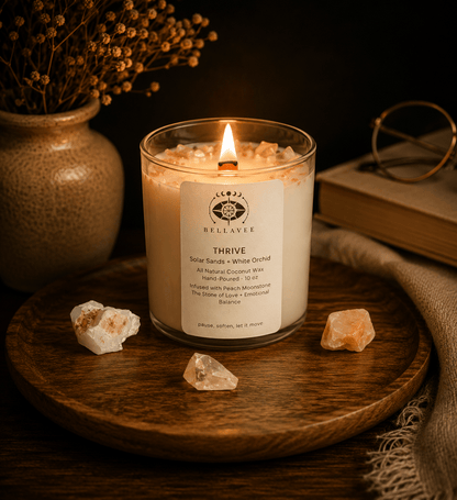 BellaVee Thrive crystal candle lit peach moonstone stone of joy solar sands non-toxic coconut wax Austin Texas