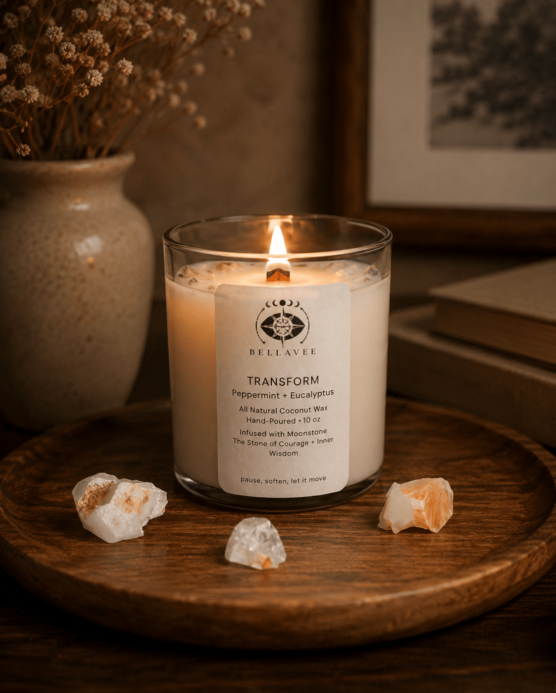 BellaVee Transform crystal candle lit moonstone non-toxic coconut wax intentional living Austin Texas