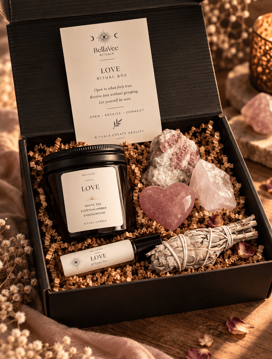 Love Ritual Box with crystal candle, ritual oil, Rose Quartz, Pink Tourmaline, Strawberry Quartz and sage
