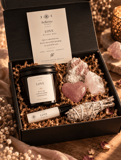 Love Ritual Box with crystal candle, ritual oil, Rose Quartz, Pink Tourmaline, Strawberry Quartz and sage