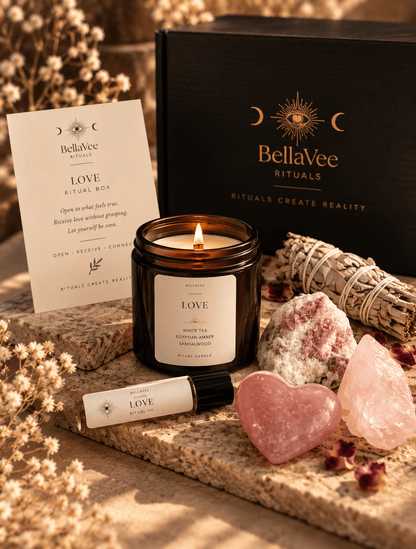 BellaVee Love Ritual Box with Rose Quartz crystals, LOVE candle and ritual oil