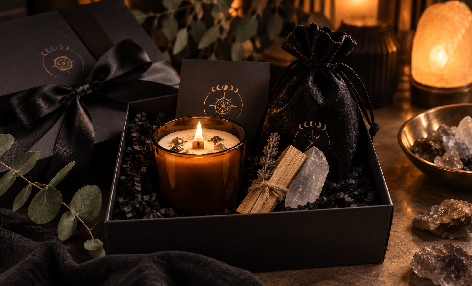 Amber coconut wax crystal candle with wooden wick, crystals and ritual elements by BellaVee in Austin, Texas.