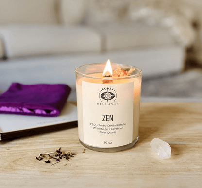 BellaVee ZEN CBD-infused crystal candle with white sage and lavender fragrance, clear quartz crystal, and clean-burning coconut wax in a modern home setting.